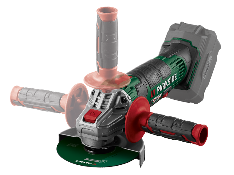 Cordless angle grinder with three handle attachment options.