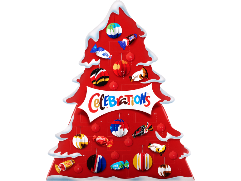 Christmas advent calendar in the shape of a tree with chocolate sweets.