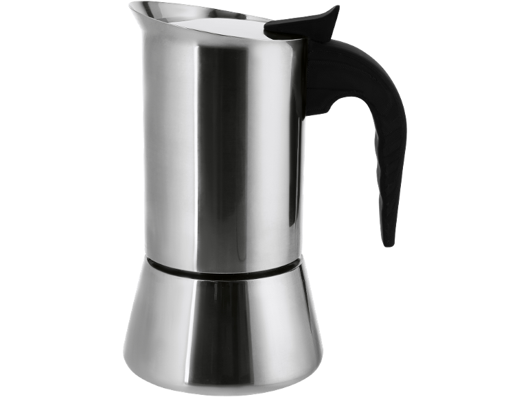 Stainless steel moka pot with a black handle