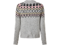 Women's sweater with Fair Isle pattern in grey, pink, and beige tones.