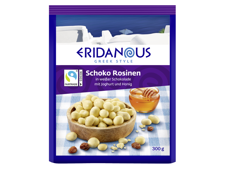 Raisins in white chocolate with yogurt and honey, Greek style, 300g.
