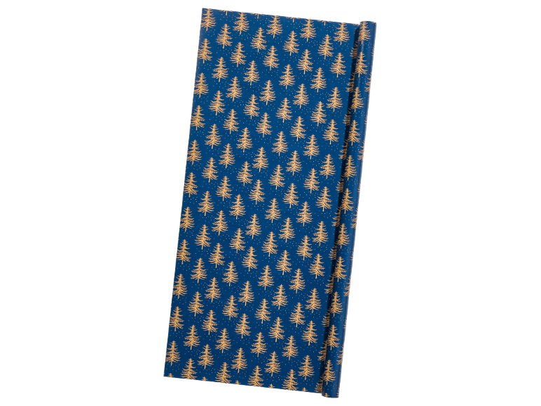 Blue wrapping paper with a pattern of golden Christmas trees and small white dots.