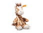 Soft plush giraffe toy in a sitting position on a white background.