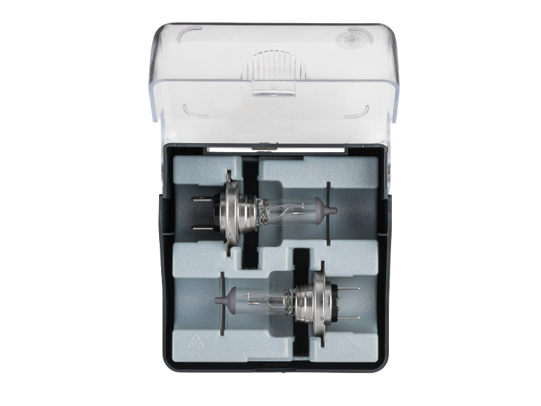 Two car headlight bulbs in a transparent plastic package.