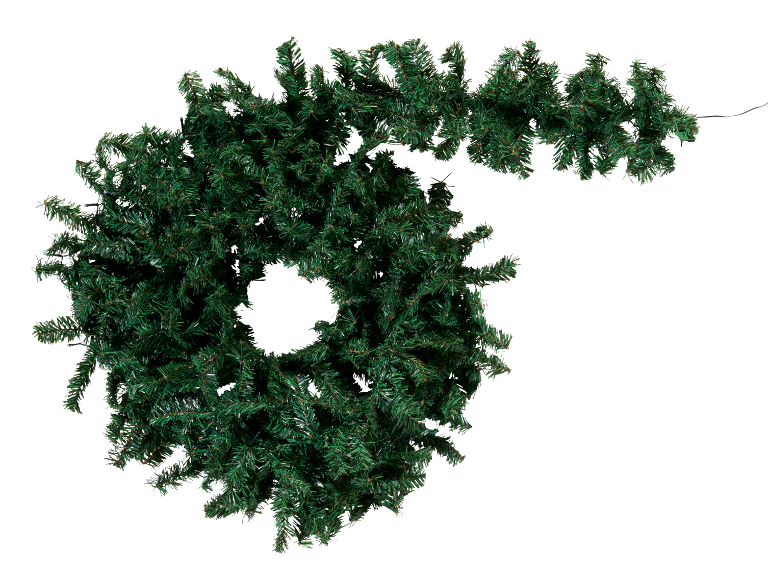 Artificial green Christmas garland in the shape of a six on a black background.