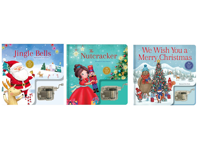 Three children's Christmas sound books with a wind-up music box mechanism.