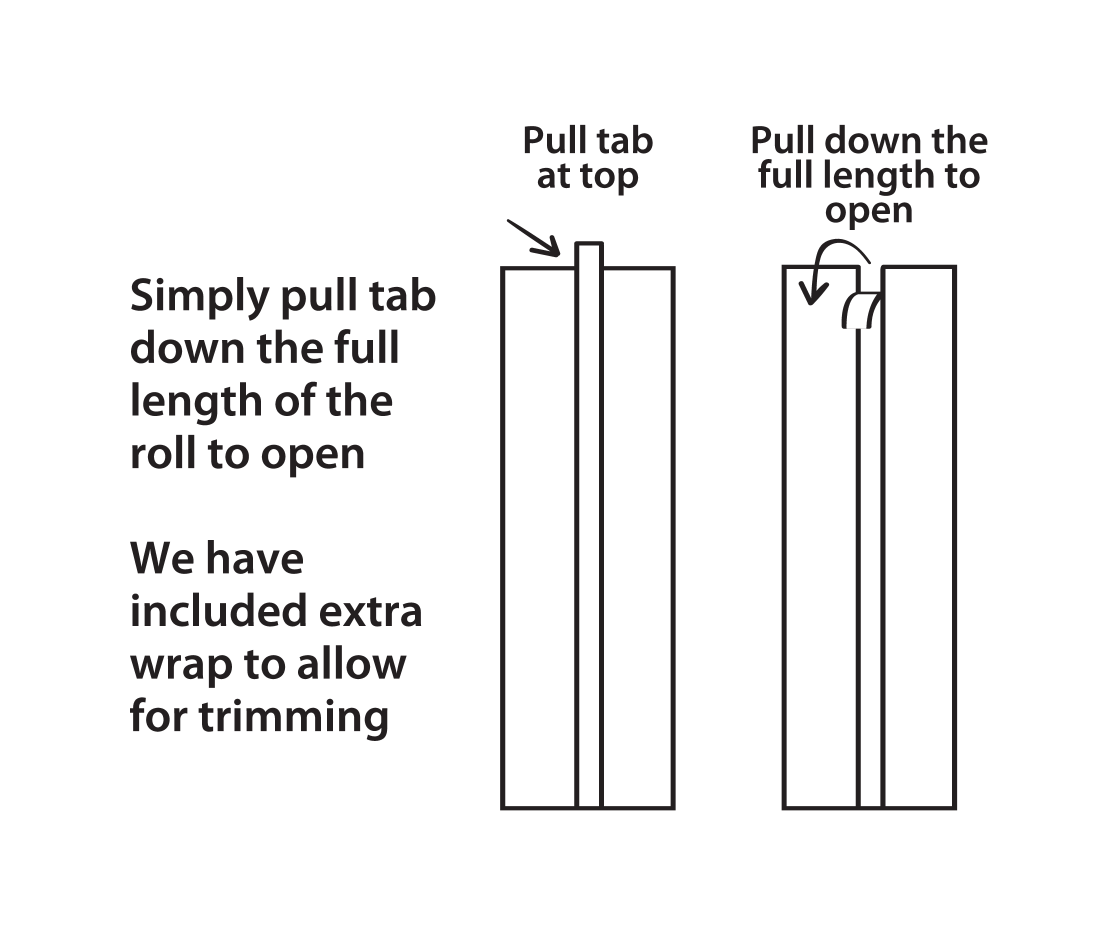Instructions: Pull tab down the full length of the roll to open. Extra wrap included for trimming.
