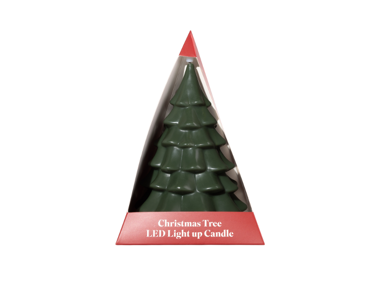 Christmas tree-shaped LED candle in a red triangular packaging.