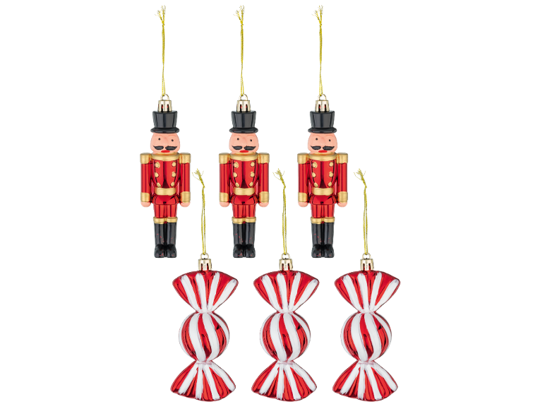 Christmas ornaments featuring toy soldiers and red and white striped candies.