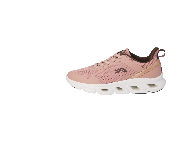 Pink women's sports shoes with brown details and a white sole with cutouts.