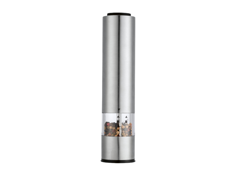 Stainless steel electric pepper grinder with a transparent reservoir filled with peppercorns.