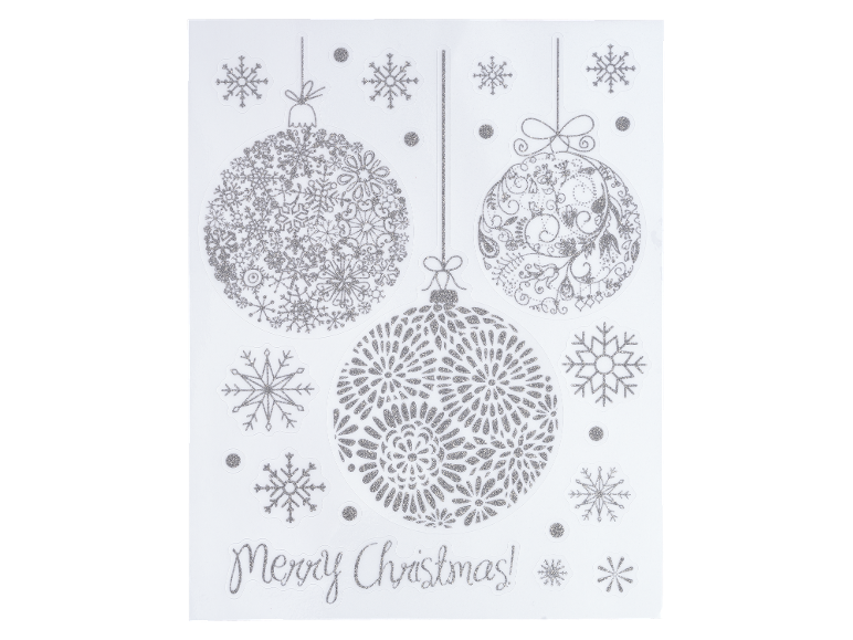 Silver glitter stickers with Christmas baubles, snowflakes, and 'Merry Christmas!' text.