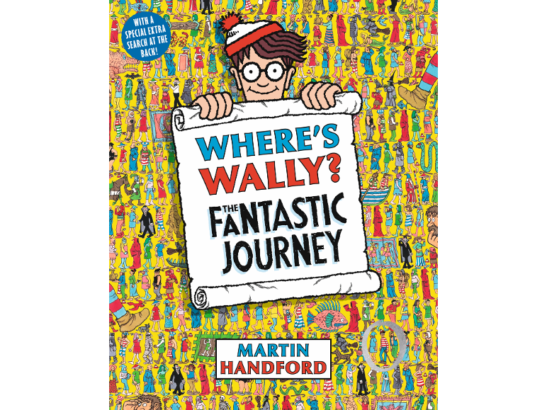 A children's book on a yellow background with many small characters.