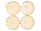 Four cream-colored round tea light candles with wicks in the center.