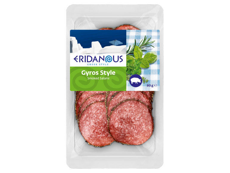 Gyros Style Smoked Salami packaging, 80g, with a Greek-themed design.