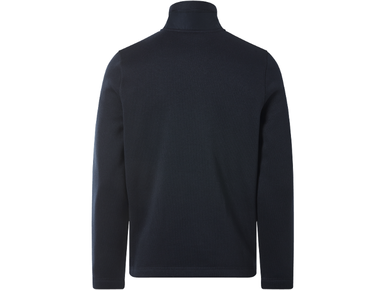 Dark blue men's long-sleeved top with a high collar, back view.