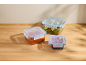 Three glass food storage containers with blue lids, holding salad, soup, and berries.