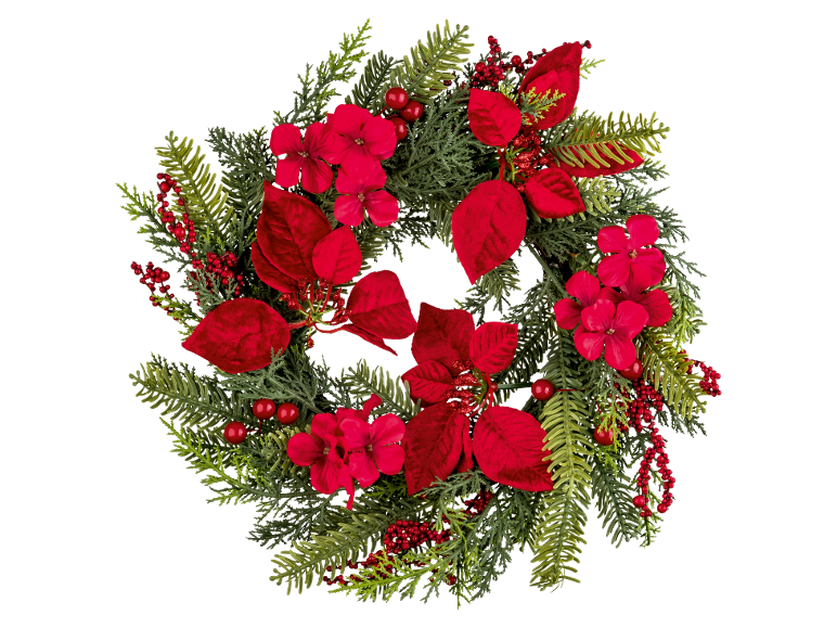 Christmas wreath with red flowers, berries, and green branches on a black background.