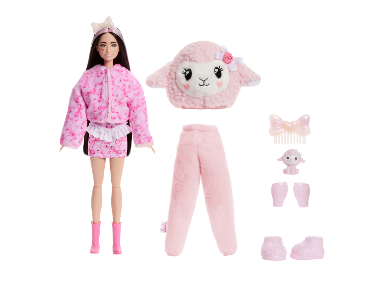 Doll with pink lamb costume and accessories