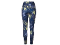 Women's high-waisted sports leggings in a blue and yellow camouflage pattern.