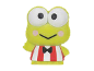 Green frog figurine with a red and white striped shirt and a black bow tie.