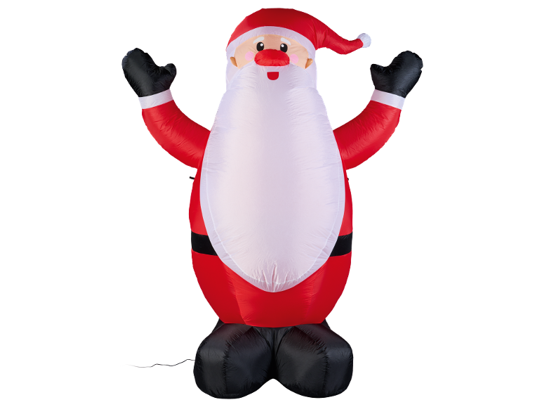 Inflatable Santa Claus with raised arms, white beard, and red suit.