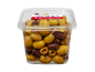 Pitted mixed olives with herbs and chilli peppers in a plastic container, 380g.