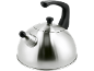 Stainless steel kettle with a black handle and lid knob