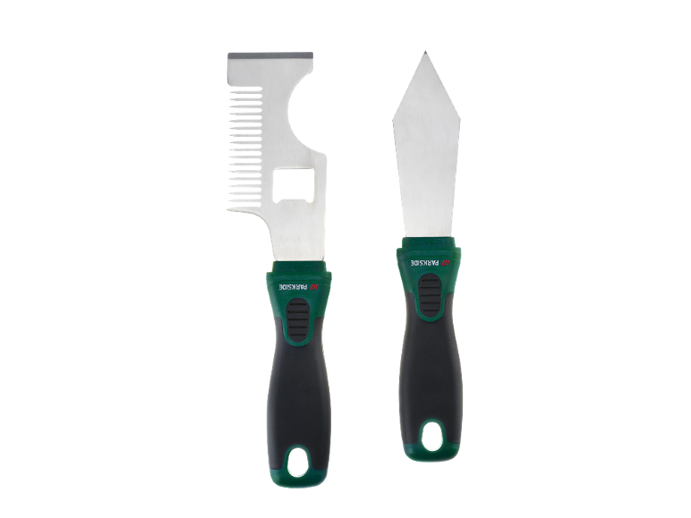 Two multi-purpose scrapers with ergonomic handles, one featuring a comb and bottle opener.