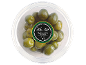 Green Nocellara olives with pits in a transparent container, 150g.