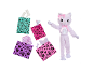 Plush cat doll in a lilac suit with surprise accessories in bags.