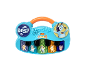Blue toy piano with cartoon characters and an orange handle.