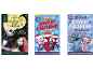Three different children's advent calendars with books.