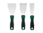 Set of three spatulas of different sizes with green and black handles.
