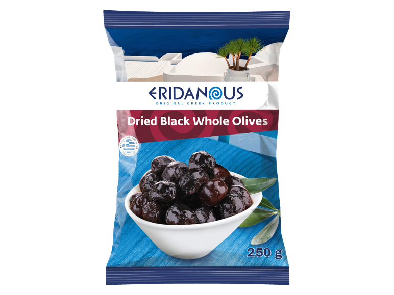 Packet of dried black whole olives with a Greek landscape background, 250 g.