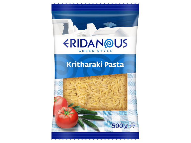 Greek style kritharaki pasta package with tomatoes, olives, and a seascape.