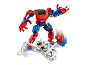 Red and blue toy robot with superhero and villain figures.