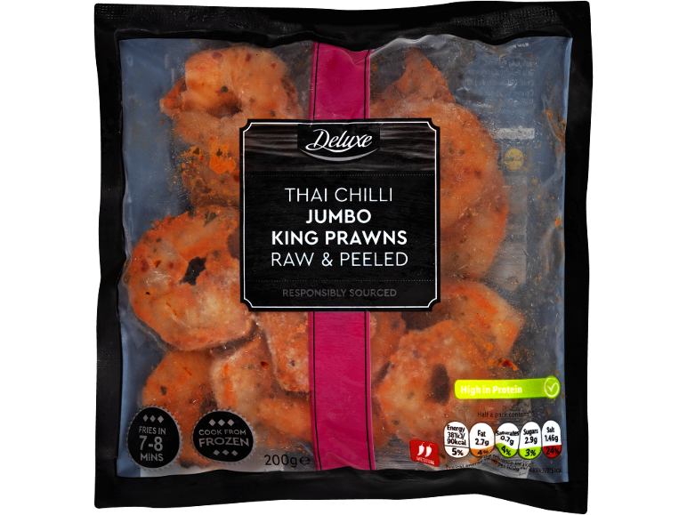 Deluxe Thai Chilli Jumbo king prawns, raw and peeled, 200g.