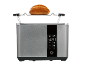 Gray toaster with a bread roll on the warming rack and a digital display.