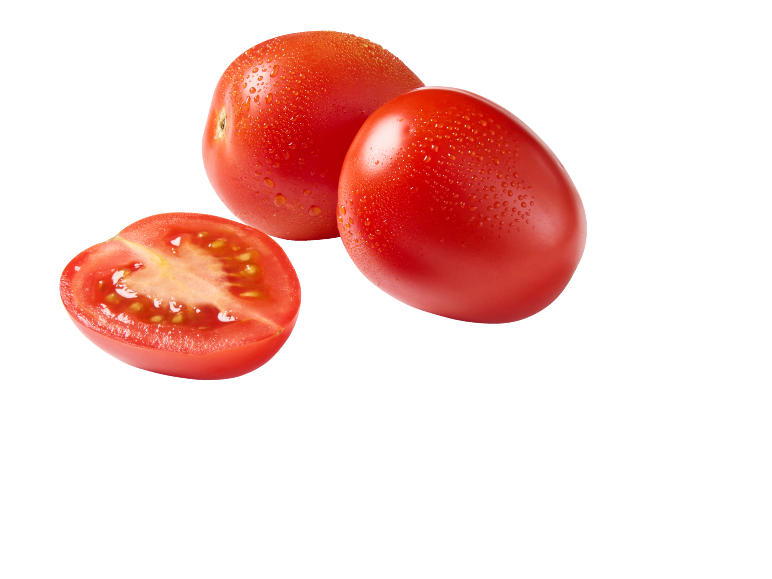 Three red cherry tomatoes, one cut in half, with water droplets.