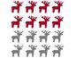 Red and grey felt reindeer decorations arranged in a grid pattern on a black background.