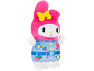 Plush bunny toy with pink ears and blue clothing featuring strawberries and musical notes.
