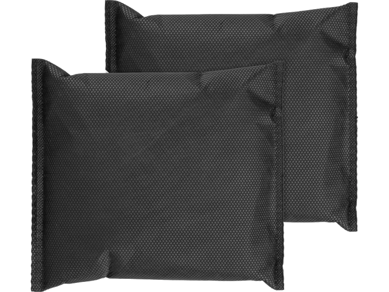 Two black non-woven fabric pillows with a dotted pattern.