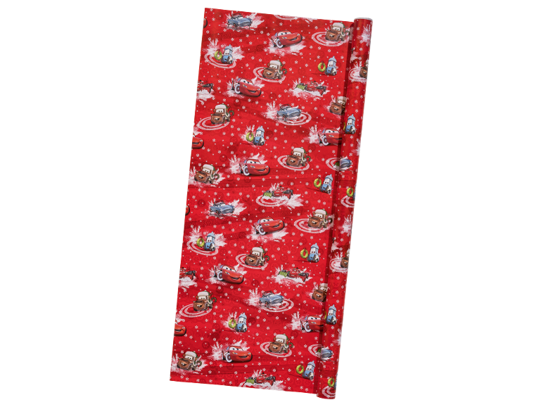 Red Christmas wrapping paper with cartoon cars and snowflakes.