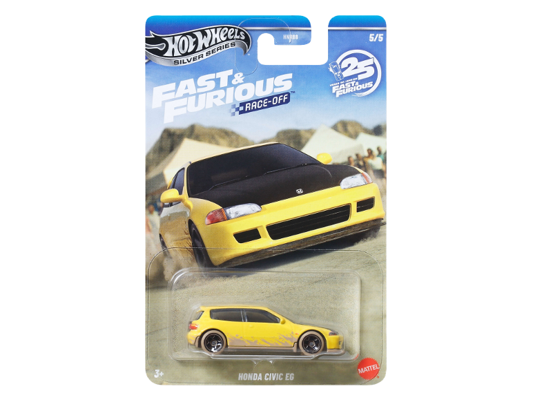Yellow Honda Civic EG toy car from the Fast & Furious Race-Off series.