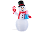 Inflatable snowman with a hat, candy cane, and gift.