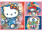 Hello Kitty, My Melody, and Keroppi in a colorful graffiti style with hearts and apples.