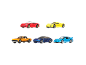Six toy cars in red, yellow, orange, blue, and light blue.