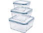 Three stacked glass containers with blue plastic lids and clip closures.