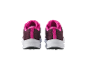 A pair of dark pink and white women's running shoes, rear view.